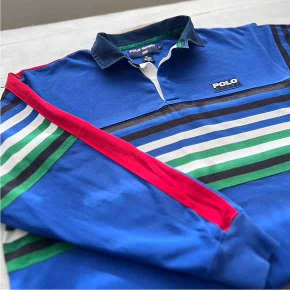 POLO SPORT Ralph Lauren Color Block Rugby Shirt Mens LARGE Classic Fit Rare L - Picture 9 of 13